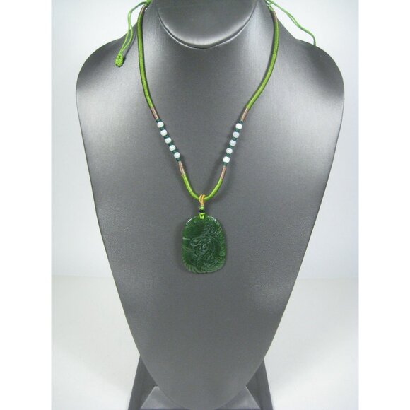 Carved Jade Stone Pendant Dragon Phoenix Adjustable Cord Necklace 15 inch Leaf - Picture 6 of 11